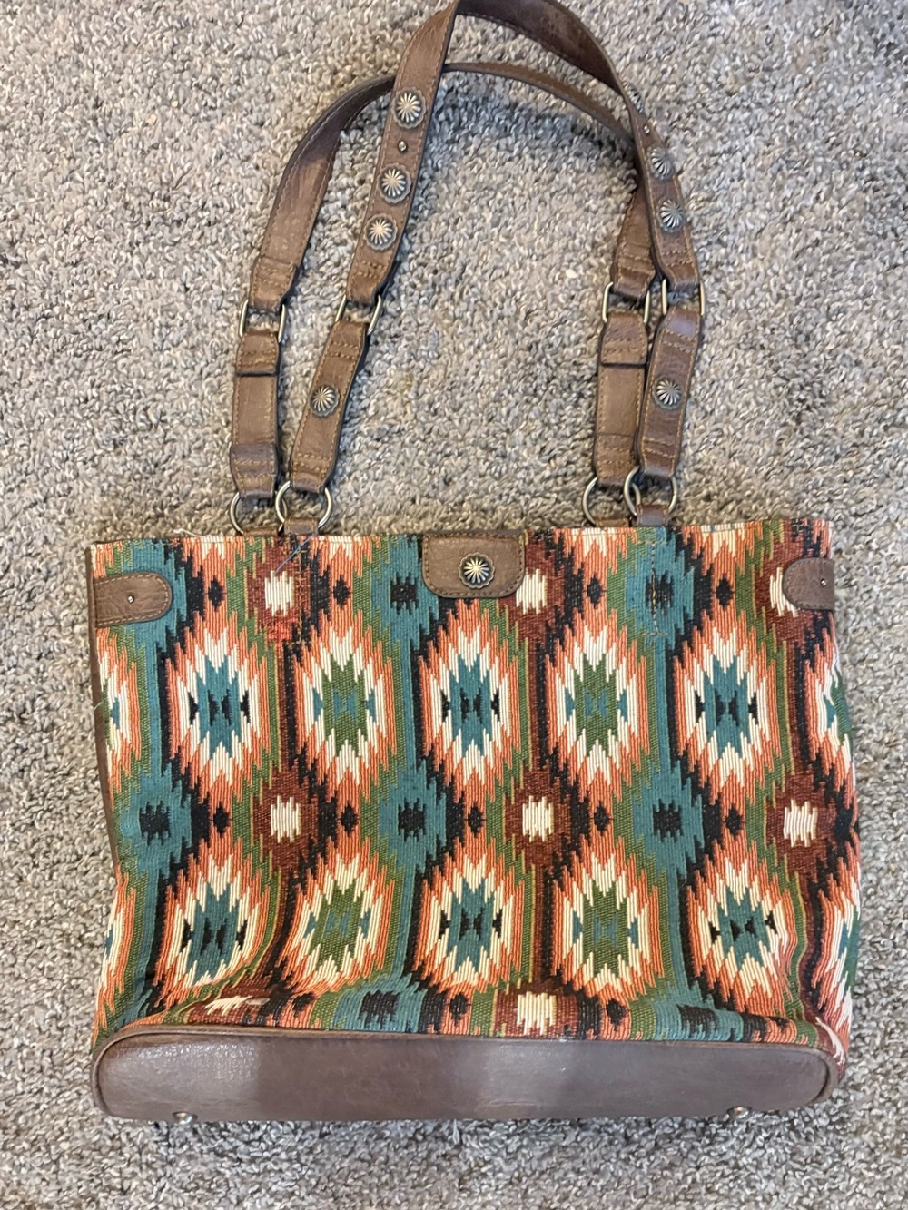 Justin Southwestern Pattern Tote Bag/Purse with Brown Leather Trim and Concho